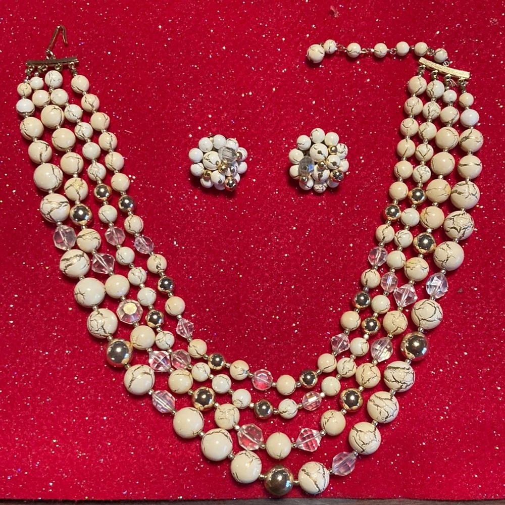 Vintage 4 strand beaded necklace and earrings